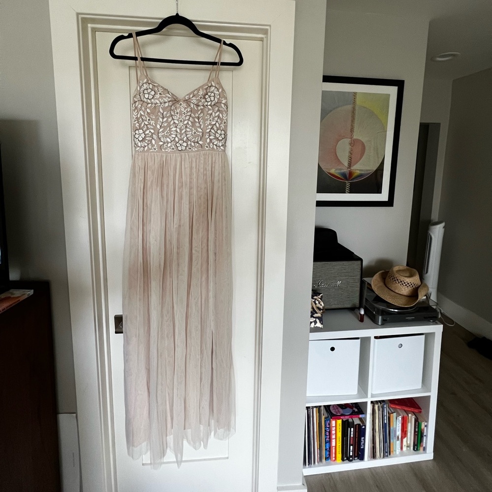 BHLDN champagne pink beaded & chiffon bridesmaid dress